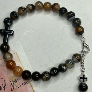 Brown Agate Bracelet with Black Cross